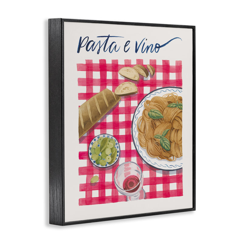 «Pasta & Wine on Tartan», estampe numérique par Grace Popp, H 14 po x l 11 po, Giclée encadrée noir minuit