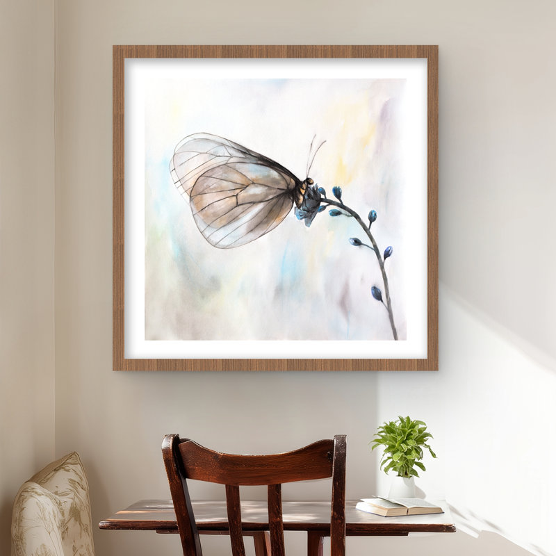 Papillon sur fleurs bleues - imprimé floral encadré mat bleu, Brun