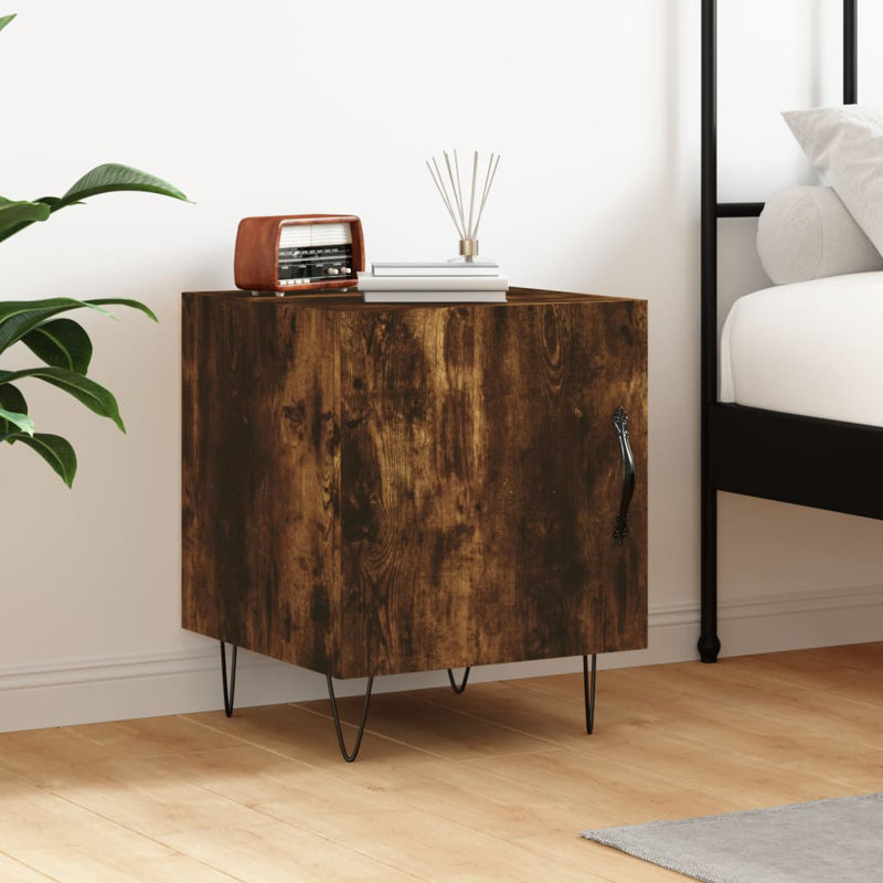 40cm W Iron Bedside Table, Smoked Oak