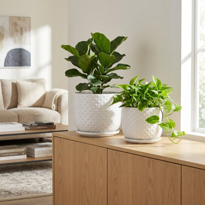 Jardinière en céramique texturée pour l'intérieur ou l'extérieur avec soucoupe pour le patio ou le salon - pot de fleurs moderne pour décoration intérieure - ensemble de 2
