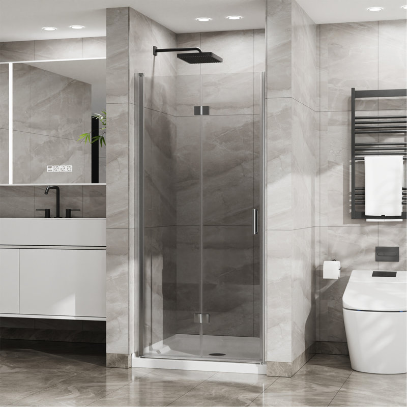 34"X 72" Bifold Frameless Glass Shower Door 1/4 Inch Tempered Clear Glass Pivot Swing Shower Panel, Foldable, Chrome