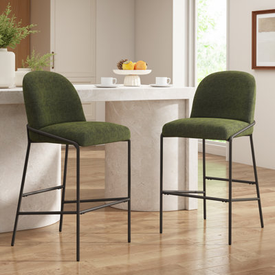 Ensemble de 2 tabourets de bar d'intérieur revêtus de métal, structure au fini bronze antique avec tissu vert