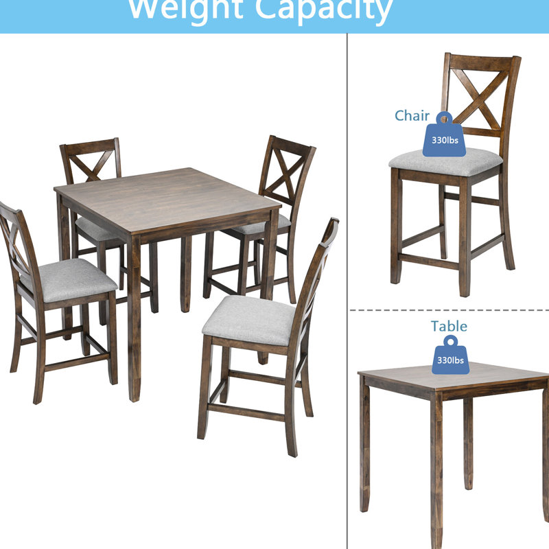 5 pièces de salle à manger en noyer, table carrée à hauteur de comptoir et 4 chaises rembourrées, amplement d'espace pour les petits espaces en noyer avec chaises