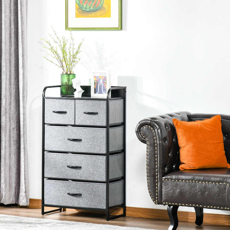 Commode grise 5 chambres - Commode en tissu et cadre en acier avec tiroirs pliables
