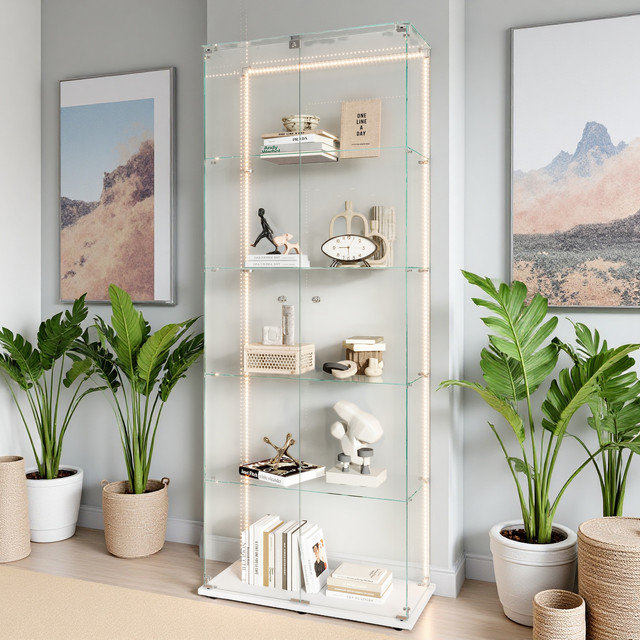 5‑Tiers Glass Display Cabinet with Lighting, White, RGB LED Strip