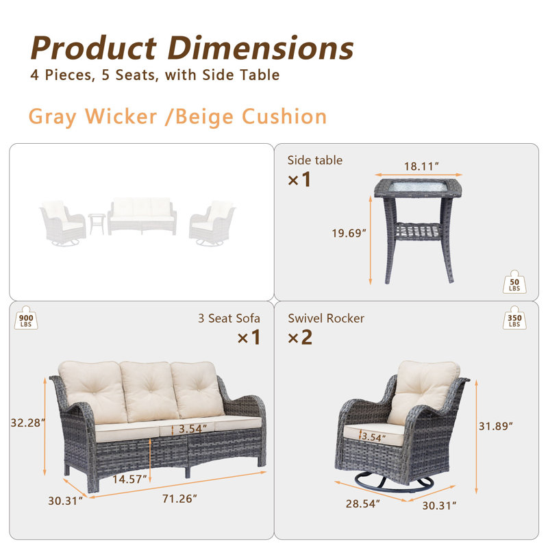 Shariden 5 - Person Patio Conversation Set with Cushions, Beige, Gray