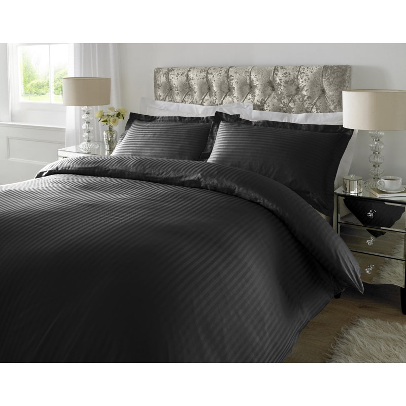 Satin Striped Duvet Cover Set with Pillowcases, Single - 1 Standard Pillowcase, Black