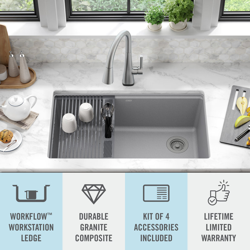Dark Gray Granite Composite Workstation Kitchen Sink with Workflow Ledge