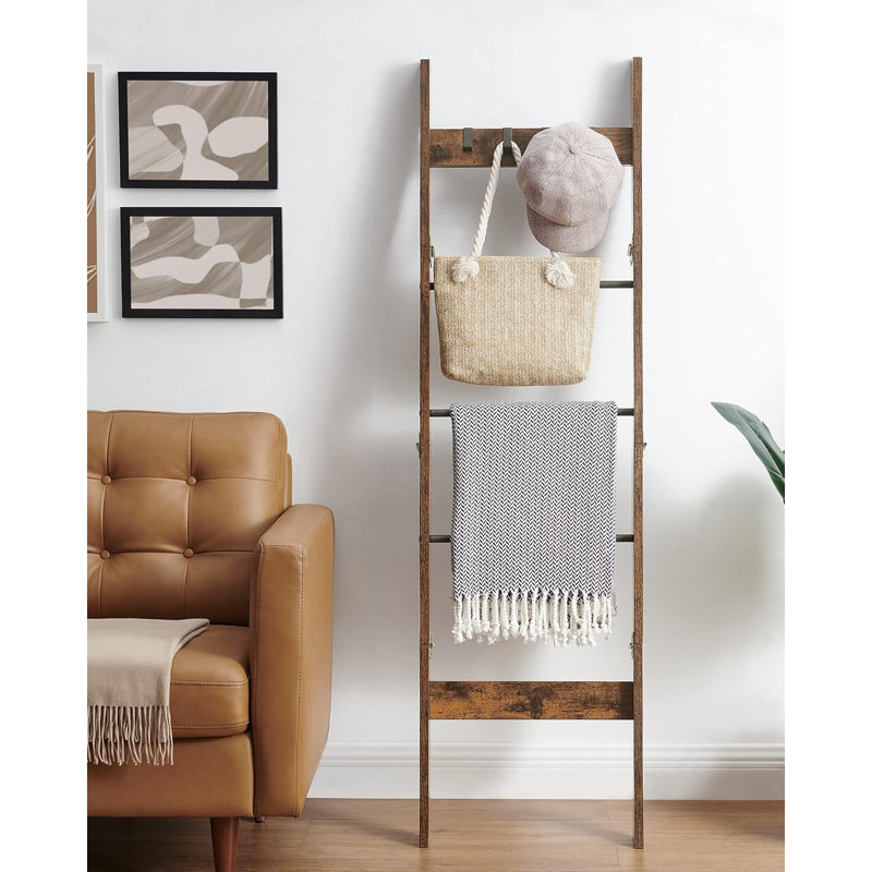 5 Tier Decorative Blanket Ladder With Hooks Rustic Brown