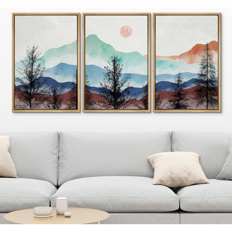 "Abstract Landscape Vibrant", bleu sarcelle, aquarelle, bleu, chaîne de montagnes, impression sur toile, 3 pièces, Naturel