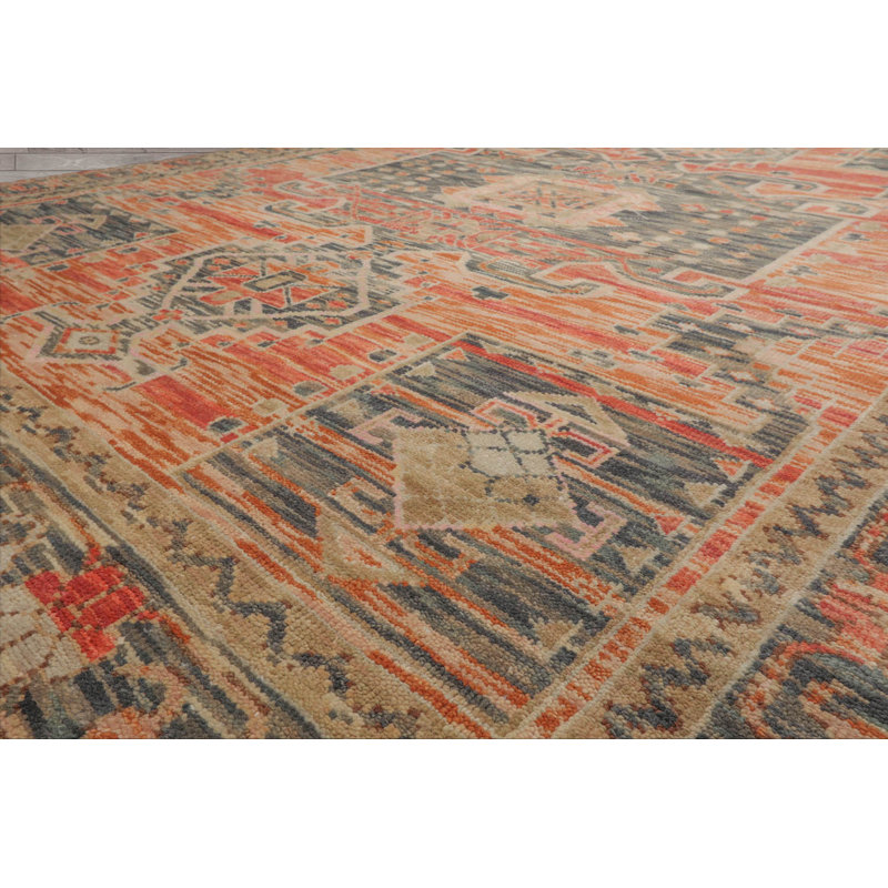 Tapis rectangulaire en laine corail / bleu sarcelle / gris / orange, Rectangle 7 pi 11 po x 9 pi 11 po