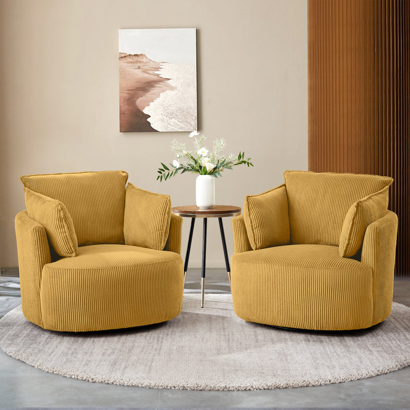 37.1'' Wide Corduroy Swivel Barrel Chair With 2 Armrest Pillows, Yellow Corduroy, 2