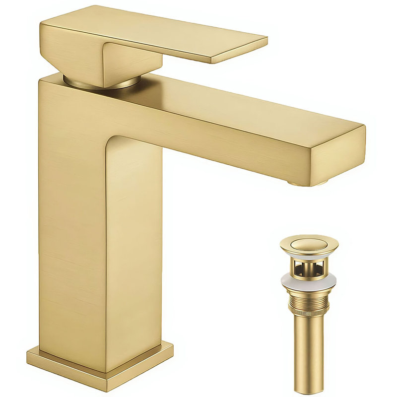 Solid Brass Single Handle Bathroom Faucet, Single Hole Bathroom Sink Faucet with Drain Assembly & Deck Plate, Brushed Gold