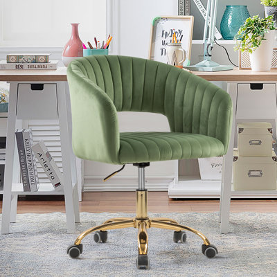 Chaise de bureau en velours avec roulettes, fauteuil de bureau pivotant avec base dorée