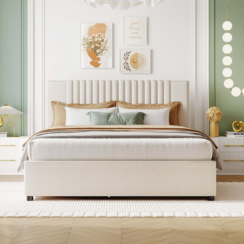 Lit plateforme tapissier avec 2 tiroirs et 1 lit gigogne, tête de lit classique, Beige, Grand