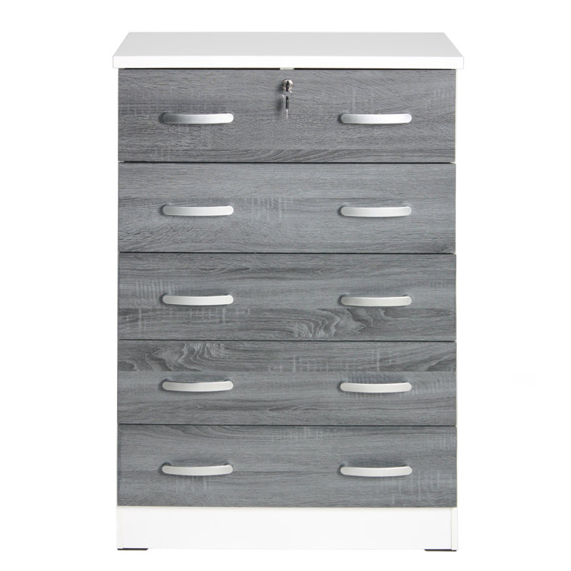 Commode 5 tiroirs Luker, Blanc / gris