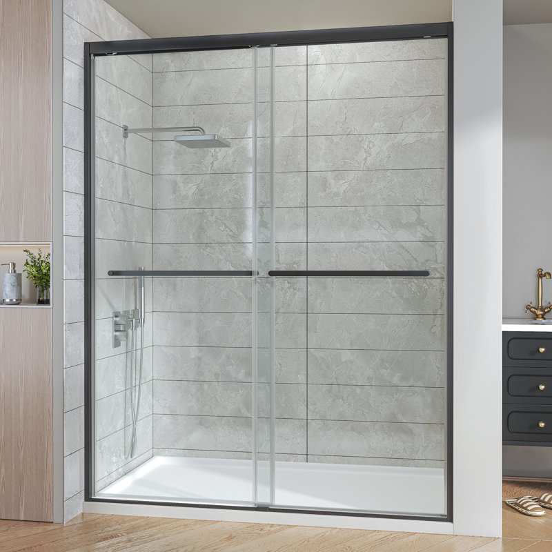 56"-60" W x 76" H Double Sliding Semi-Frameless Shower Door with 5/16" (8mm) Crystal Clear Tempered Glass, Matte Black