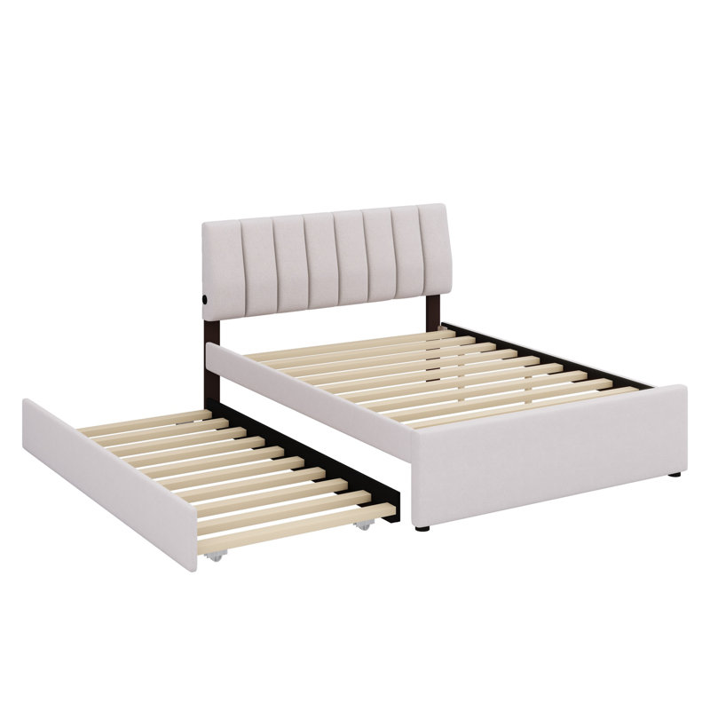 Lit plateforme tapissier avec lit gigogne, Beige