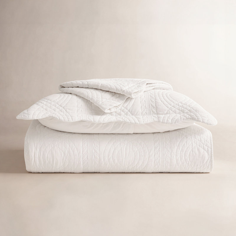 Ensemble de courtepointe 100% coton Scallop Edge, Courtepointe très grand et 2 très grandes taies , Blanc brillant