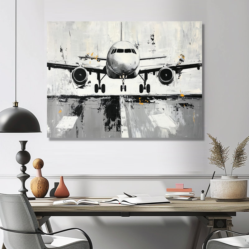 Aquarelle, avion, atterrissage sur la piste II - Avion, décoration murale en métal, impression moderne sur métal