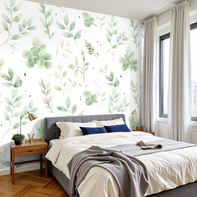 Papier peint adhésif moderne, adhésif, aquarelle, verdure, feuilles délicates, branches, H 100 po x l 144 po, papier mural amovible en PVC, autocollant, pour le salon de la chambre à coucher