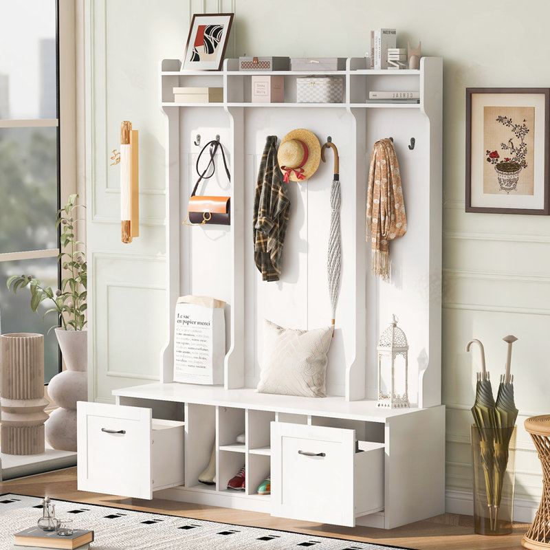 Banc de vestibule 5-en-1 avec portemanteau, Blanc