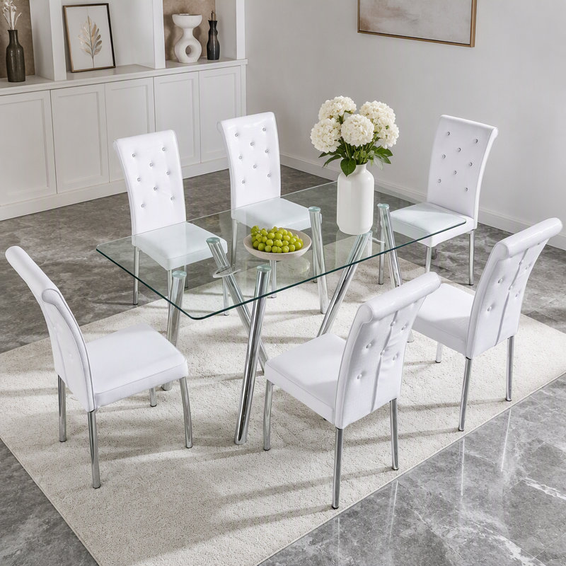Table de salle à manger en verre trempé de 71 pouces avec pieds robustes en métal, Argent