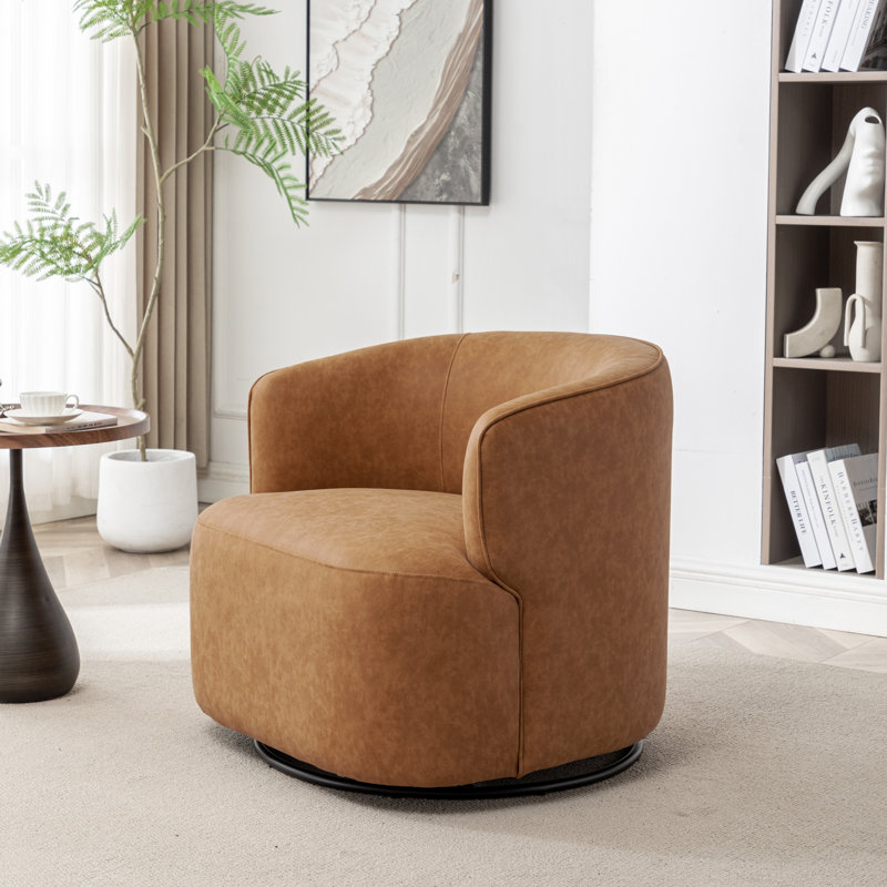 Tybias Faux Leather Swivel Barrel Chair, Brown