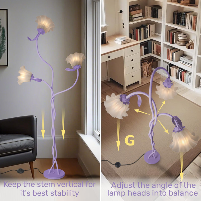 Lampe sur pied rétro à 3 têtes de fleurs, Mauve