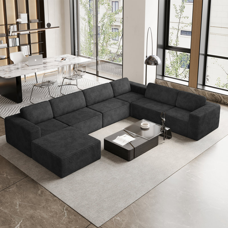 Modular Oversized 404Cm 6-Seater Right-Facing L-Shaped Corduroy Sofa, No Assembly Required   , Black
