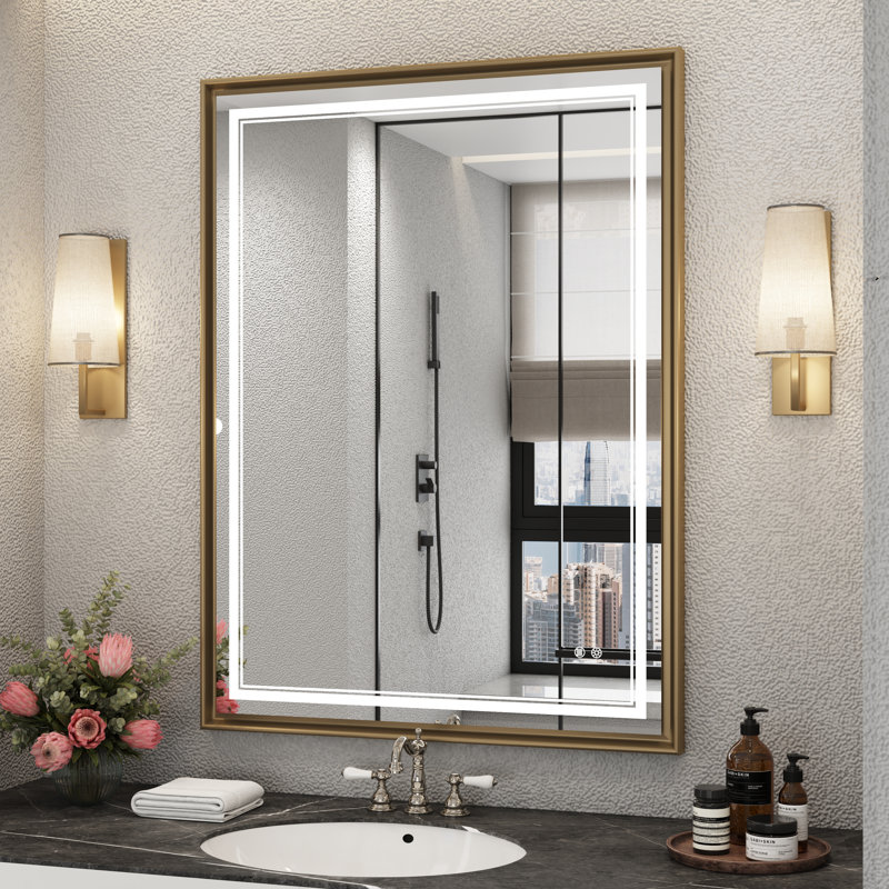 Bathroom Vanity Mirror Framed Led Bathroom Mirror Rectangle Lighted Wall Mounted Mirror Anti-Fog Dimmable 3 Frontlit (Horizontal/Vertical)