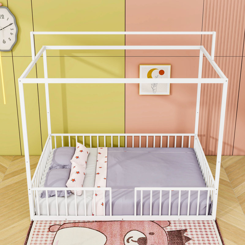 Lit plateforme en métal avec forme de maison, Complète, Blanc