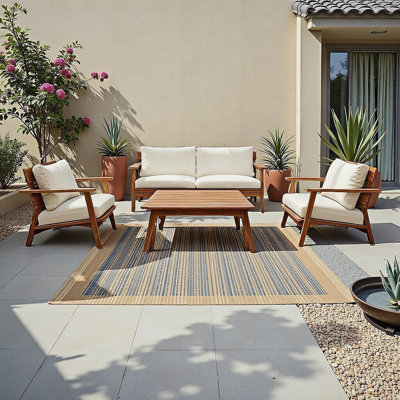 4-Piece Mid-Century Modern Patio Seating Set, Acacia Wood Outdoor Conversation Set with Loveseat, 2 Club Chairs & Slatted Coffee Table, Weather-Resistant Cushions for Patio, Deck