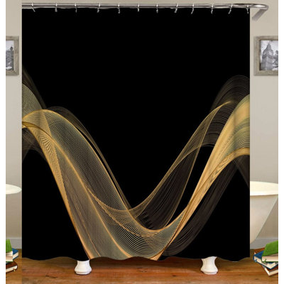 Elegant Black & Gold Business Line Shower Curtain Set - Modern Fabric, Machine Washable, Digital Print, 12 Hooks