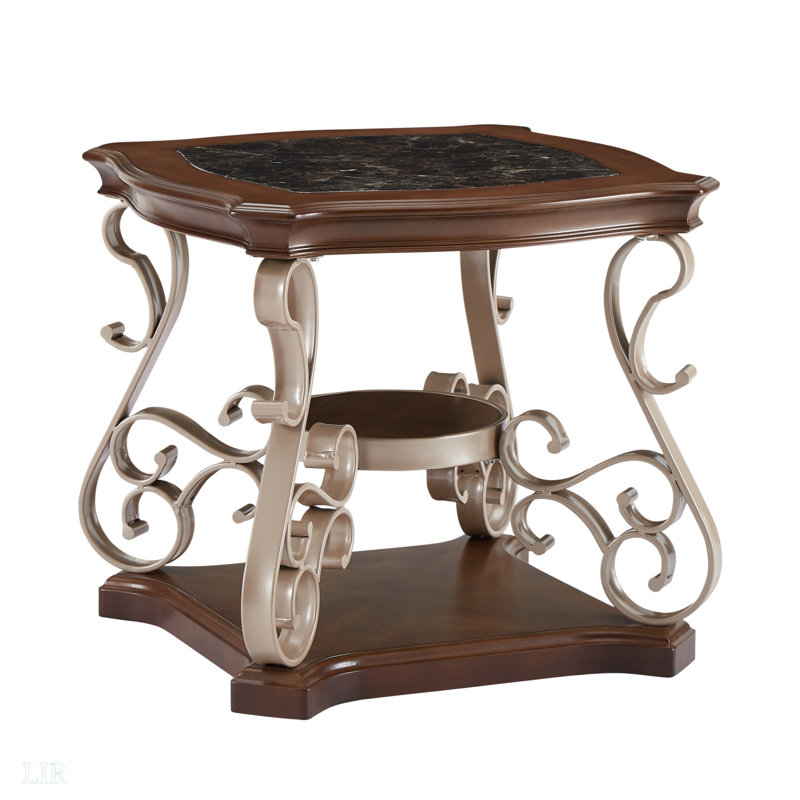 Table de bout, plateau en papier marbré, panneau de fibres à densité moyenne avec tablette centrale Brich, pieds en métal thermolaqués. (L 26,2 po x l 26,2 po x H 24 po), table de bout