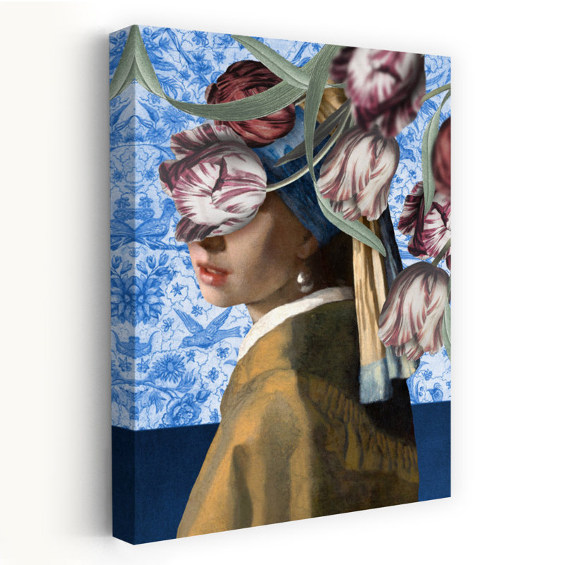 Fille avec perle - Derrière les tulipes, H 36 po x l 24 po