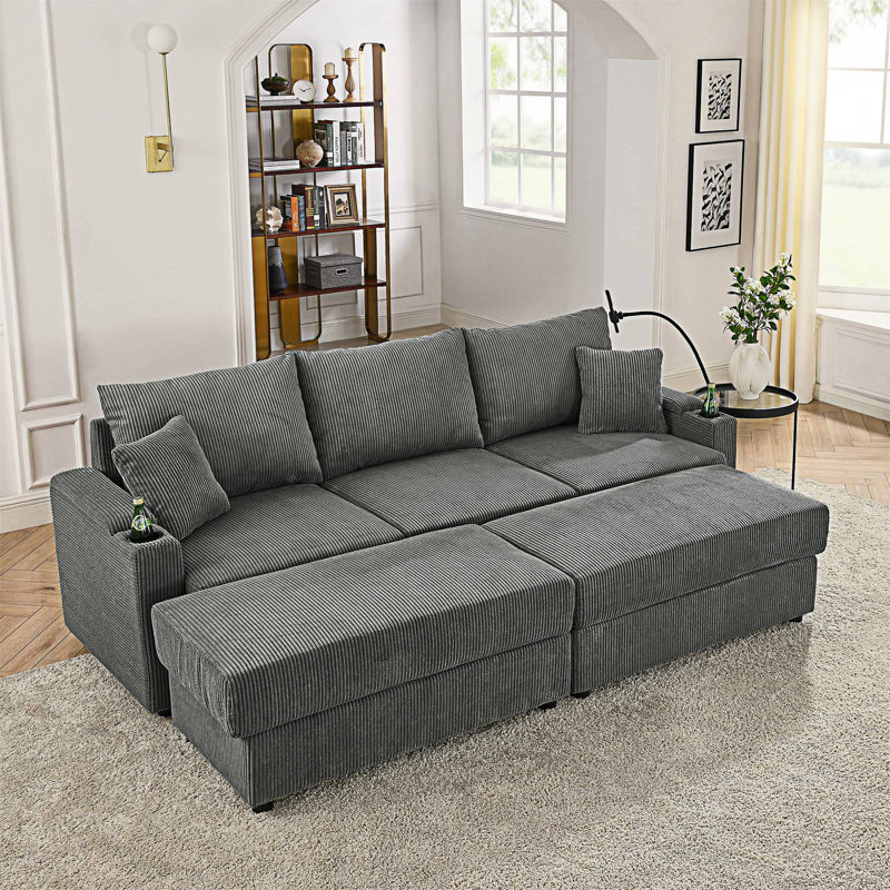 Modern Sofa Bed With Storage, 2 Ottomans, Gray