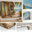Planche de surf plage, cabane de surf tropical, toile tendue-129989416