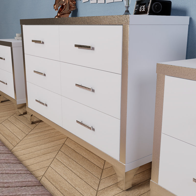 White 3-piece Set, Dressing Table And Two Bedside Tables With Metal Handles And Mirror Decoration, Elegant And Subtle