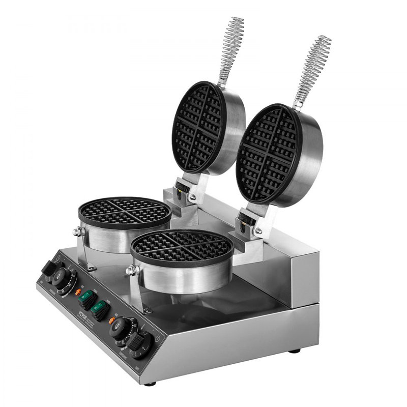 Commercial Waffle Maker Dual-Head Round Waffle Iron 2460W Non-Stick