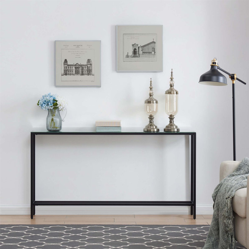 Narrow Long Console Table with Mirrored Top, Black -  for Modern Entryways and Living Spaces, Black, 30" H x 56" W x 8" D