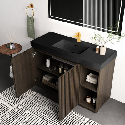 Meuble-lavabo autoportant en chêne fumé de 122 cm (48 po), style moderne du milieu du siècle, structure robuste, finition imperméable, grand meuble, charnières à fermeture amortie, assemblage facile, personnalisation, fixation murale.