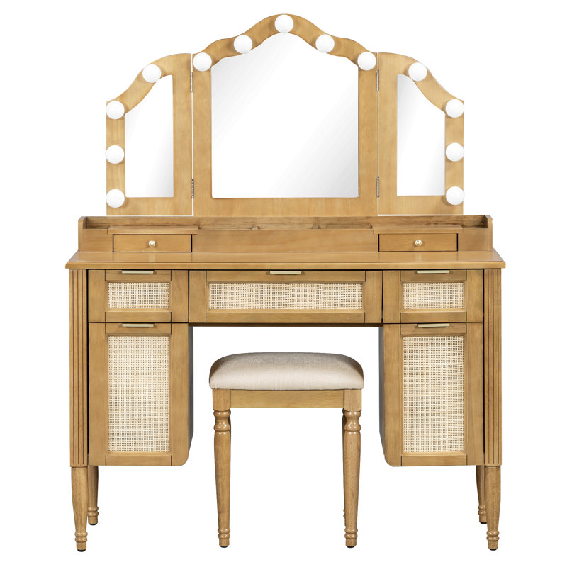 Ensemble de coiffeuse de 44,37 po avec tabouret, 13 ampoules Hollywood et 3 modes d'éclairage, coiffeuse à miroir triple pliable avec tabouret rembourré, station de charge, beaucoup de rangement