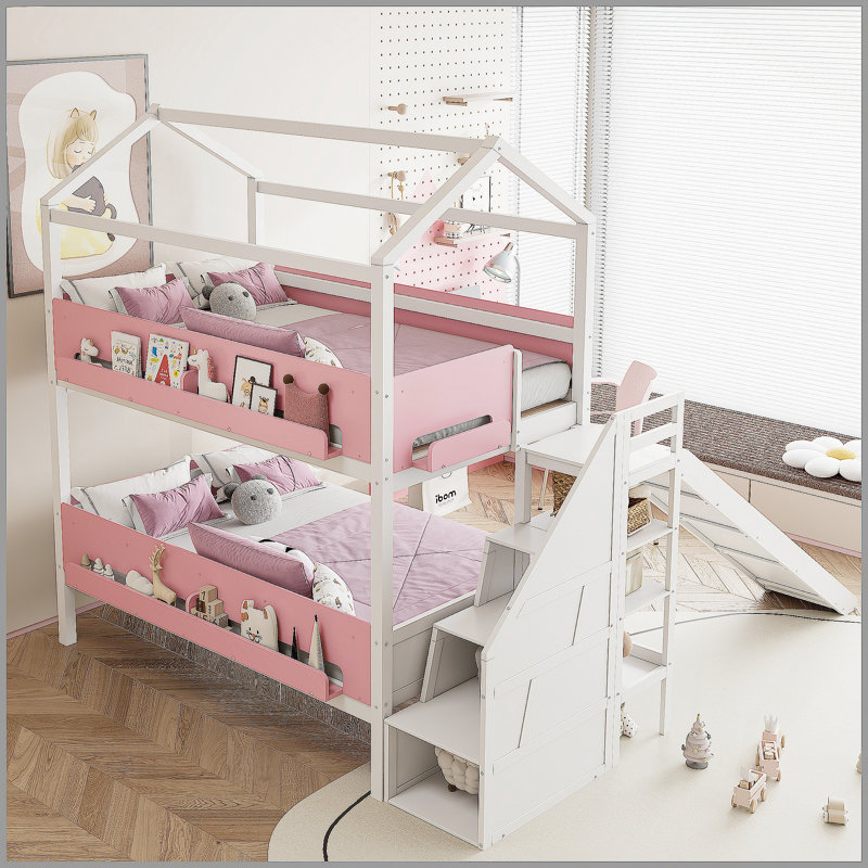 Lit superposé en bois en forme de maison avec glissière et escalier de rangement, cadre de lit simple / simple pour enfant, blanc + rose