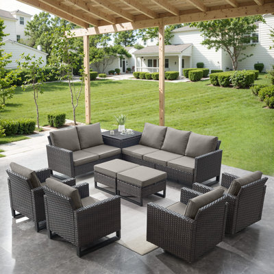Ensemble de conversation modulaire d'extérieur 9 pièces avec coffre de rangement en osier et coussins Ingvald