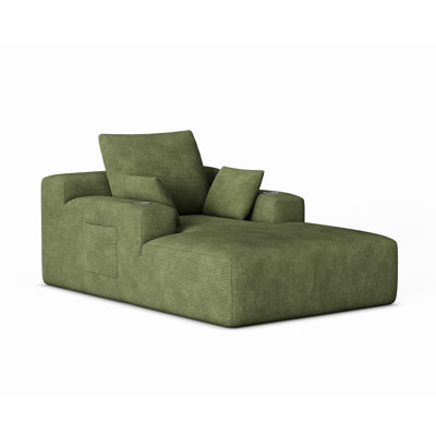 Canapé méridienne surdimensionné en velours côtelé vert, sans assemblage, avec porte-gobelets et poches de rangement latérales. Coussins décoratifs inclus pour le salon ou la chambre.