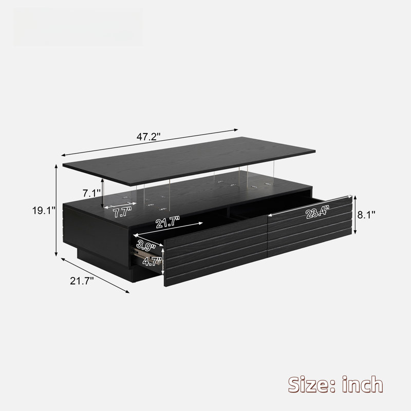 Modern Rectangular Coffee Table With Led Lights, 2 Drawers And Open Storage Shelf, Black