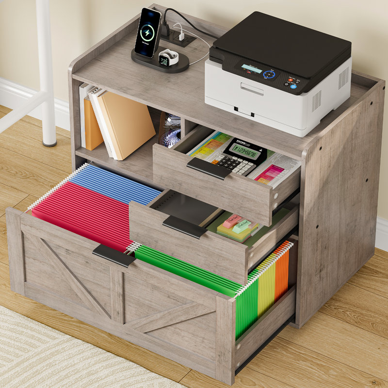 31.5'' Wide Mobile File Cabinet with Storage and Charging Station, Gray
