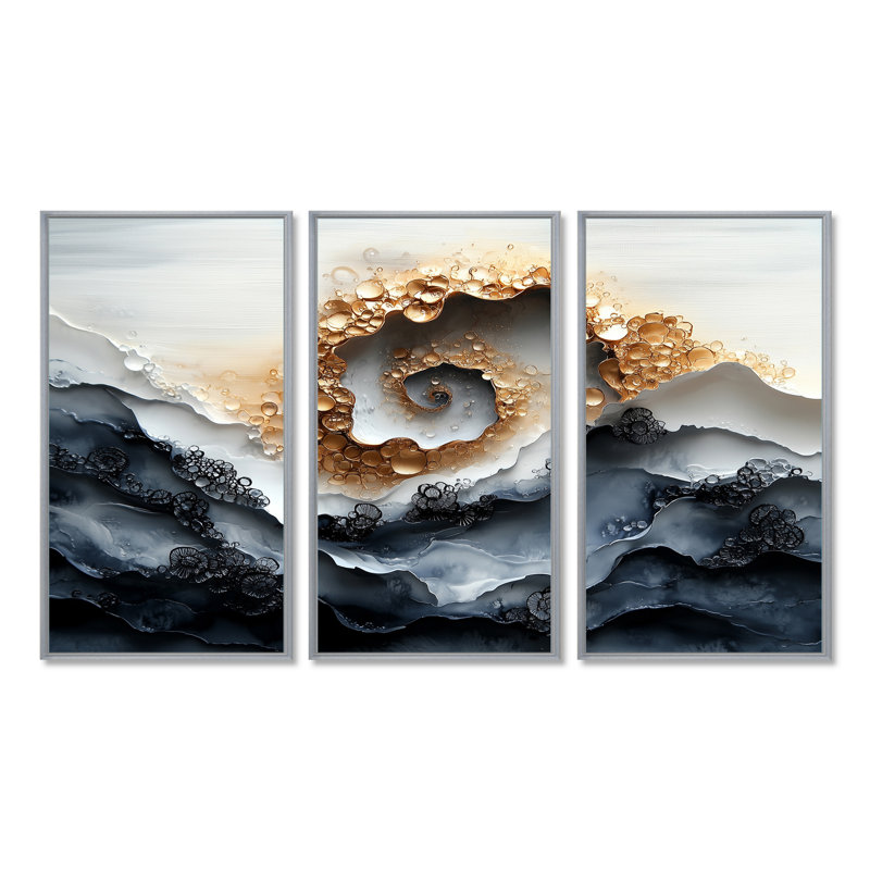 «Beige and Blue Water Forest of Elegance I», ensemble d'art mural spirales abstraites, Toile argentée avec cadre flottant