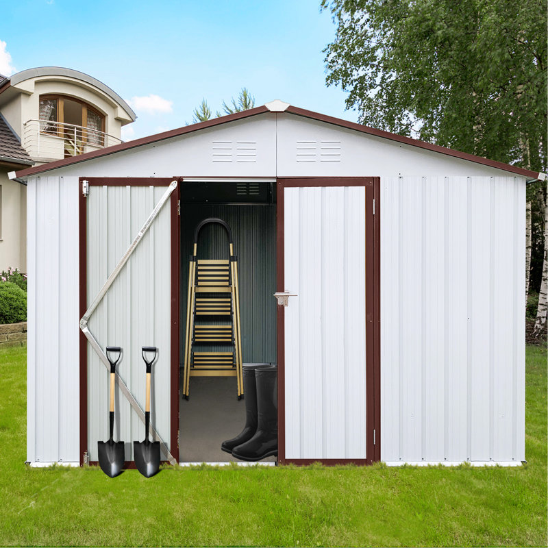 Metal Garden Sheds 10Ftx12ft Outdoor Storage Sheds, White/Walnut